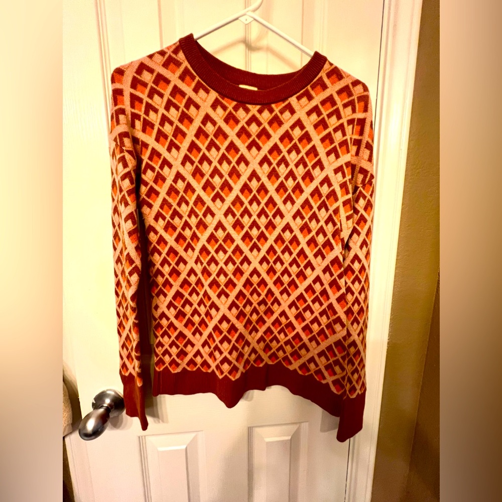 A New Day Pink & Brown Diamond Pattern Crewneck Sweater, Size Medium